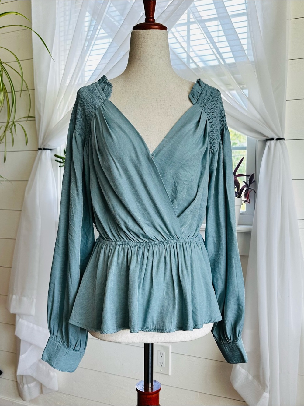 ILLA ILLA Faux-Wrap Smocked Peplum Blouse muted sage blue size M